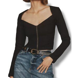 Maeve Black Long Sleeve Zip Front Blouse V neck Retro Pin up Stretch Crop